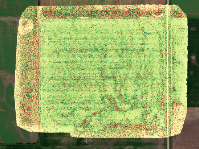 Aerial map showing low crop yield points on a field